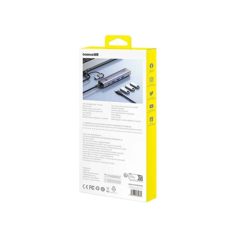 Hurtownia GSM - Baseus UltraJoy Hub 4v1 USB-A, USB-C / 3xUSB-A 3.0 + USB-C + RJ45 (šedý) - BSU8945 - {ean13} - Hurt