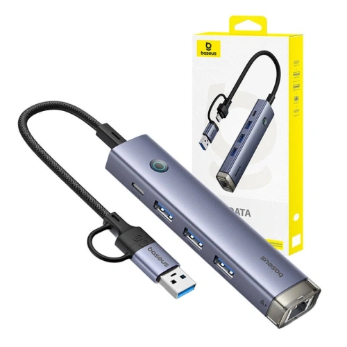 Hub 4w1 Baseus UltraJoy USB-A, USB-C / 3xUSB-A 3.0 + USB-C + RJ45 (szary)