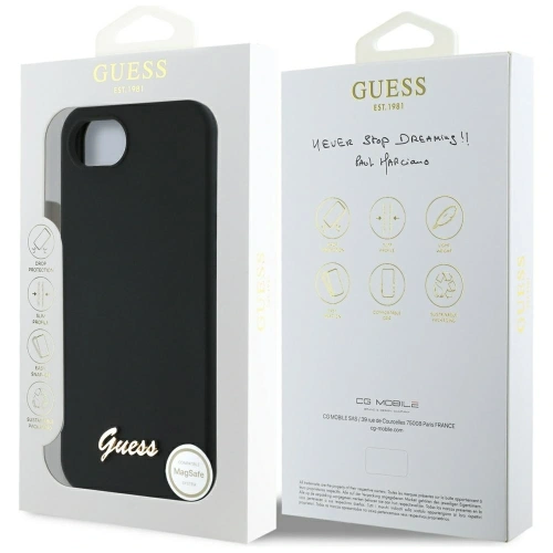 Etui Guess Silicone Script Metal Logo MagSafe do Apple iPhone 16e czarny