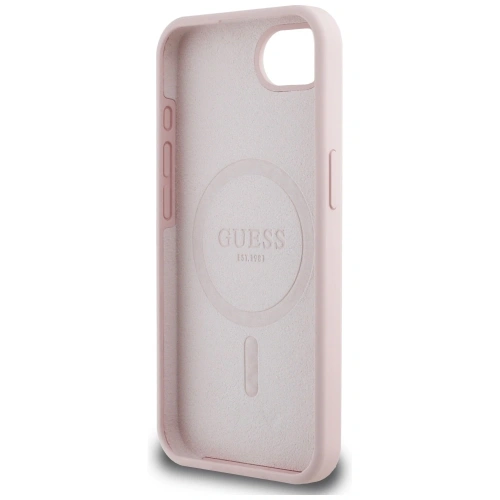 Etui Guess Silicone Script Metal Logo MagSafe do Apple iPhone 16e różowy
