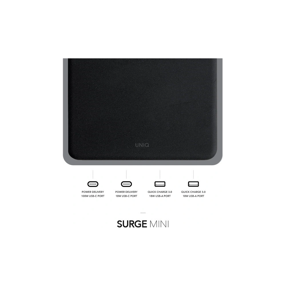 Hurtownia GSM - UNIQ Síťová nabíječka HUB Surge Mini 100W černá/uhlíková černá 2xUSB Quick Charge 3.0 + 2xUSB-C PD 3.0 (LITHOS Collective) - UNIQ229BLK - {ean13} - Hurt