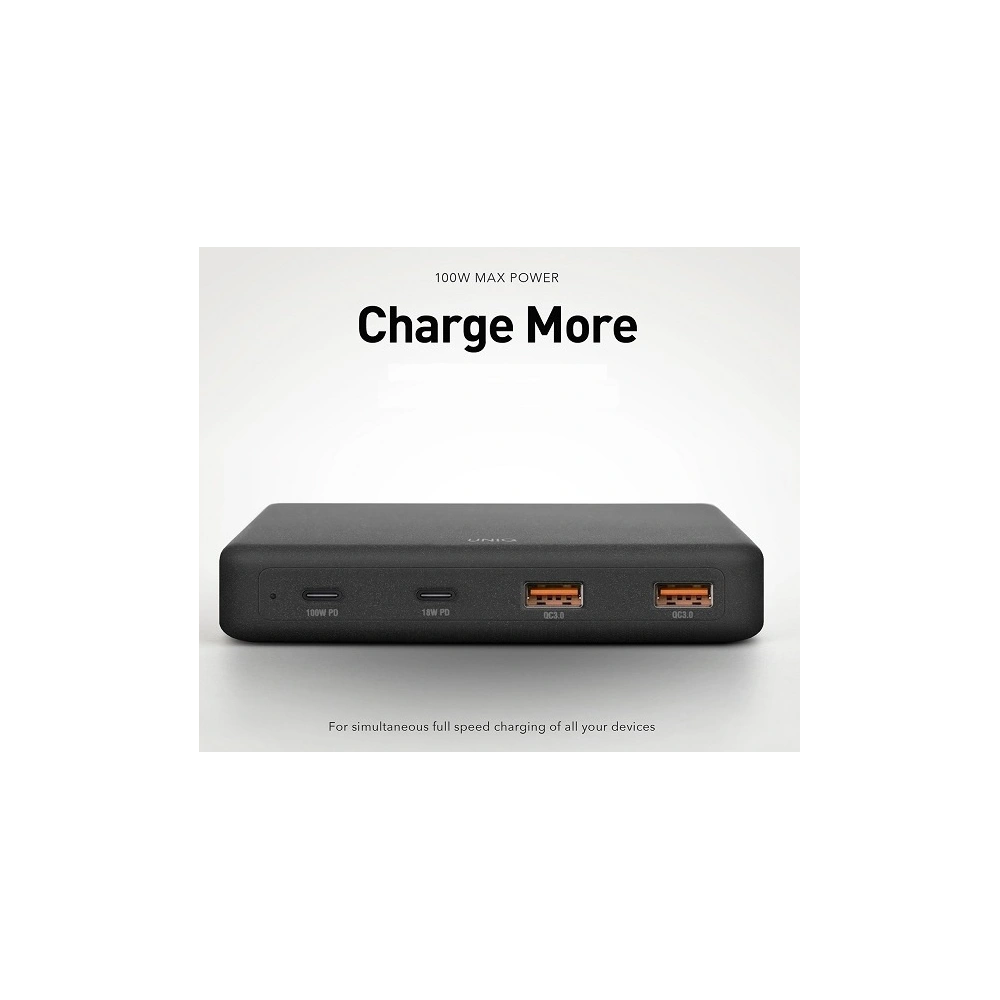 Hurtownia GSM - UNIQ Síťová nabíječka HUB Surge Mini 100W černá/uhlíková černá 2xUSB Quick Charge 3.0 + 2xUSB-C PD 3.0 (LITHOS Collective) - UNIQ229BLK - {ean13} - Hurt