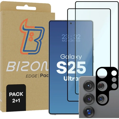 2x szkło na ekran + 1x na aparat BIZON Edge 2 Pack do Samsung Galaxy S25 Ultra