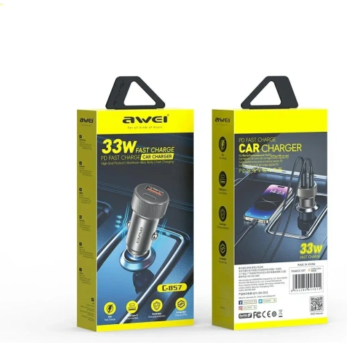 Ładowarka samochodowa AWEI C-857 33W USB-A, USB-C brązowa/brown