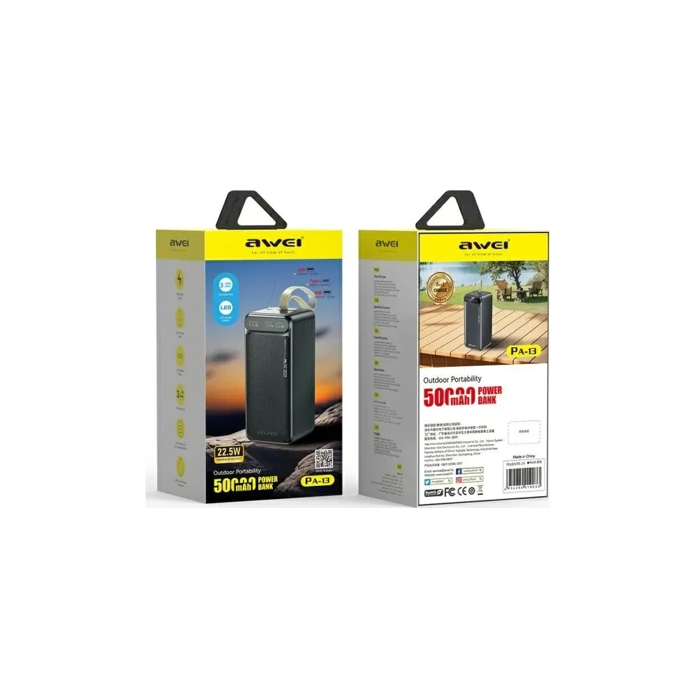 Hurtownia GSM - AWEI PA-13 50000mAh 22.5W powerbanka černá - AWEI244 - {ean13} - Hurt