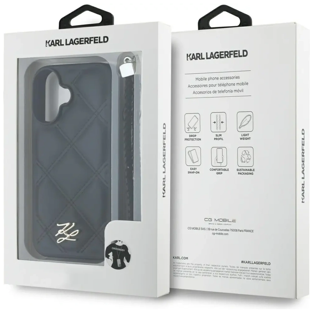 Hurtownia GSM - Karl Lagerfeld Logo inițial matlasat & curea din lanț Apple iPhone 16 negru - KLD21992 - {ean13} - Hurt