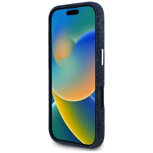 Etui Guess Denim Triangle Logo MagSafe do Apple iPhone 16 niebieski