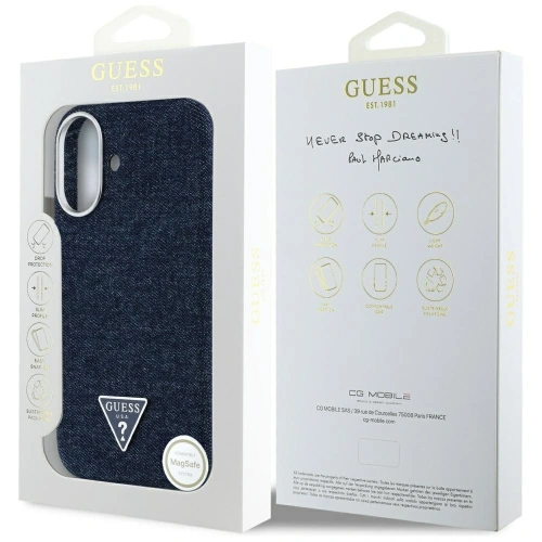 Etui Guess Denim Triangle Logo MagSafe do Apple iPhone 16 niebieski