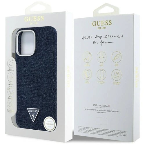Etui Guess Denim Triangle Logo MagSafe do Apple iPhone 16 Pro niebieski