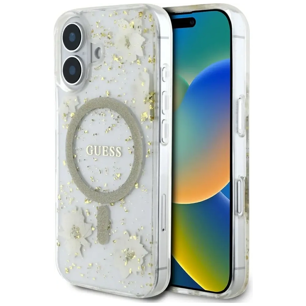 Hurtownia GSM - Guess Gyanta Virágok Csillám MagSafe Apple iPhone 16 bézs - GUE4494 - {ean13} - Hurt