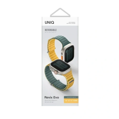 Pasek UNIQ Revix Evo Apple Watch Series1/2/3/4/5/6/7/8/9/SE/SE2/Ultra/Ultra2 42/44/45/49mm Reversible Magnetic zielono-żółty/viridian green-burnt yellow