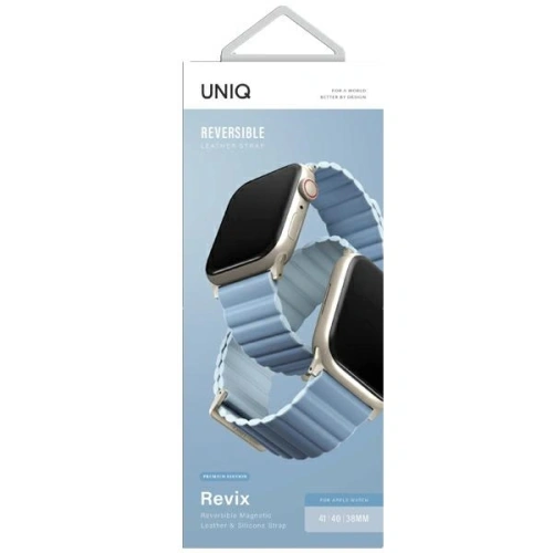 Pasek UNIQ Revix Premium Apple WatchSeries 1/2/3/4/5/6/7/8/9/SE/SE2 38/40/41mm Edition Reversible Magnetic Leather biało-niebieski/arctic-soft blue