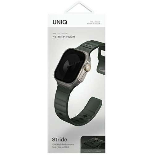 Pasek UNIQ Stride Apple Watch Series1/2/3/4/5/6/7/8/9/SE/SE2/Ultra/Ultra 2 42/44/45/49mm FKM Rubber Strap ciemnozielony/moss green