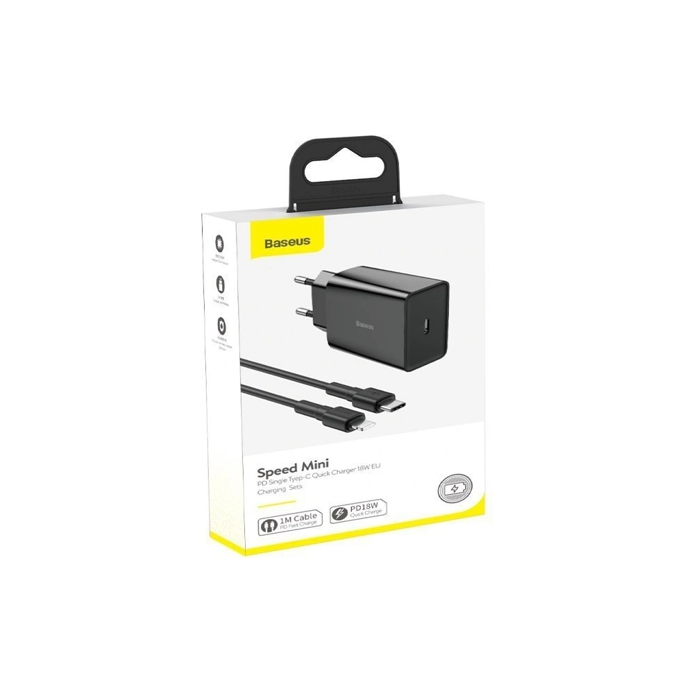 Hurtownia GSM - Síťová nabíječka Baseus USB Typ C Power Delivery 18W 3A + kabel USB Typ C - Lightning 2,4A 1m černý - BSU1480BLK - {ean13} - Hurt