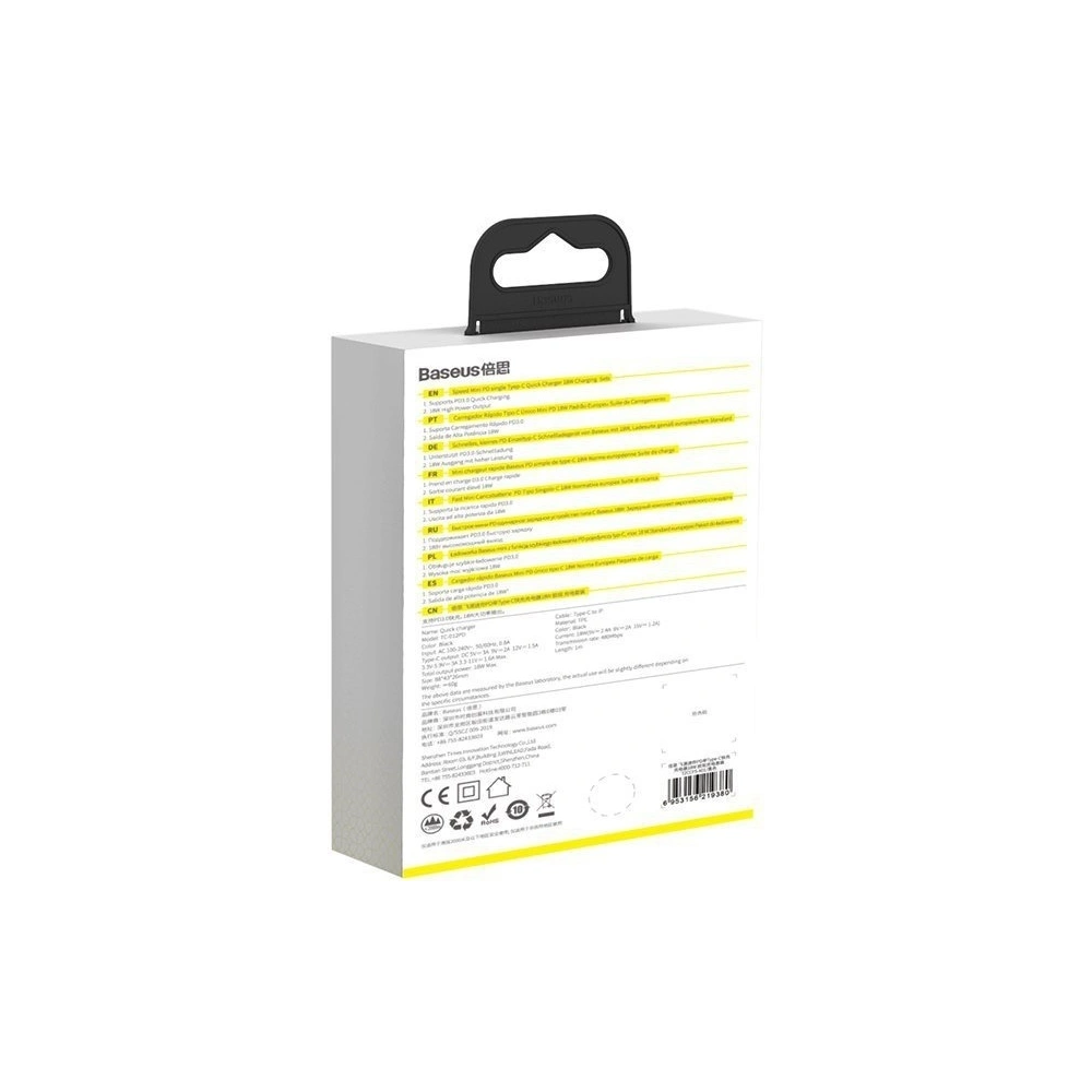 Hurtownia GSM - Síťová nabíječka Baseus USB Typ C Power Delivery 18W 3A + kabel USB Typ C - Lightning 2,4A 1m černý - BSU1480BLK - {ean13} - Hurt