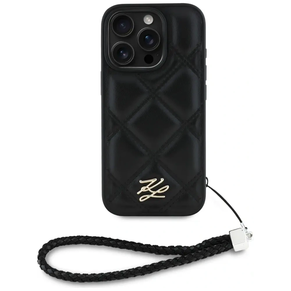 Hurtownia GSM - Etui Karl Lagerfeld pentru iPhone 16 Pro cu logo inițial matlasat și curea de lanț, negru. - KLD21994 - {ean13} - Hurt
