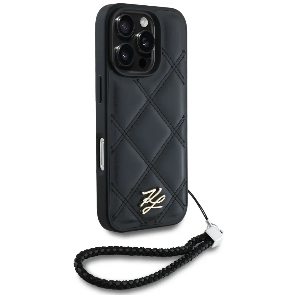 Hurtownia GSM - Etui Karl Lagerfeld pentru iPhone 16 Pro cu logo inițial matlasat și curea de lanț, negru. - KLD21994 - {ean13} - Hurt