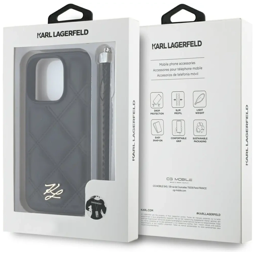 Hurtownia GSM - Etui Karl Lagerfeld pentru iPhone 16 Pro cu logo inițial matlasat și curea de lanț, negru. - KLD21994 - {ean13} - Hurt