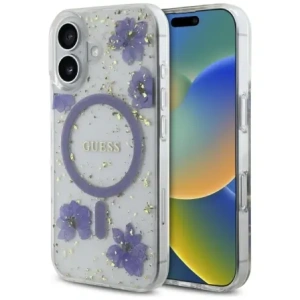 Wholesale Case Guess Resin Flowers Glitter MagSafe for Apple iPhone 16 purple - GUE4495 - {ean13} - Hurt
