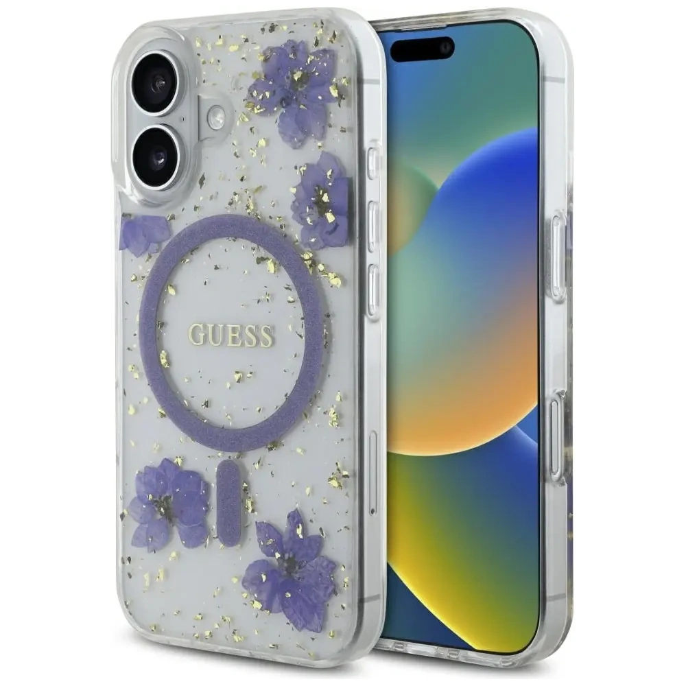 Hurtownia GSM - Etui Guess gyanta virágokkal és csillámokkal MagSafe Apple iPhone 16-hoz lila - GUE4495 - {ean13} - Hurt