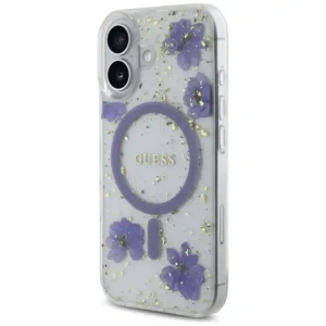 Wholesale Case Guess Resin Flowers Glitter MagSafe for Apple iPhone 16 purple - GUE4495 - {ean13} - Hurt