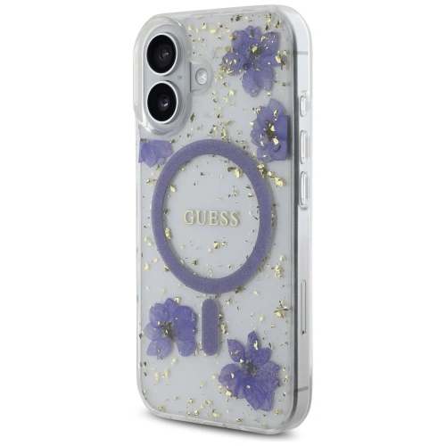 Etui Guess Resin Flowers Glitter MagSafe do Apple iPhone 16 fioletowy