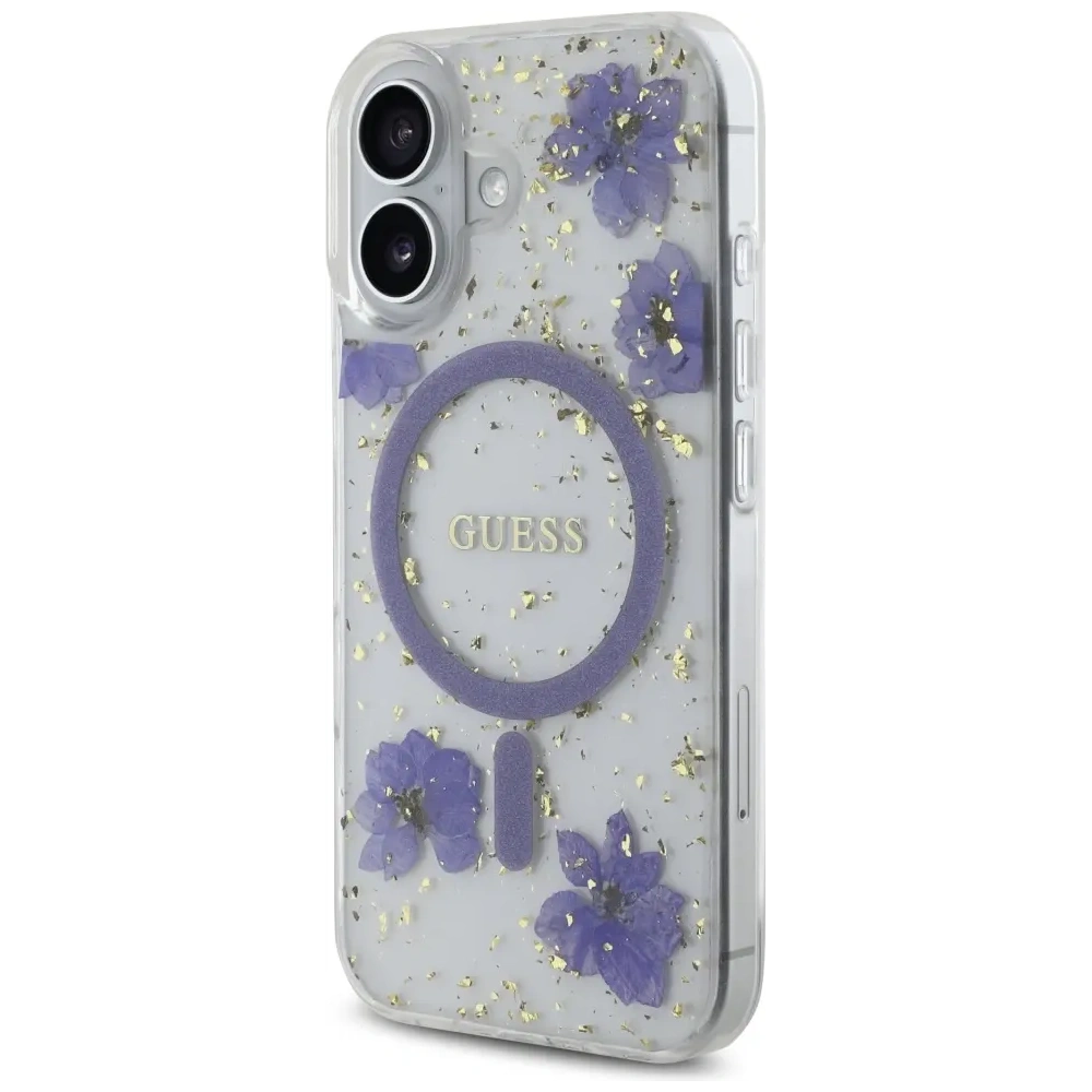 Hurtownia GSM - Etui Guess Resin Flowers Glitter MagSafe pro Apple iPhone 16 fialové - GUE4495 - {ean13} - Hurt