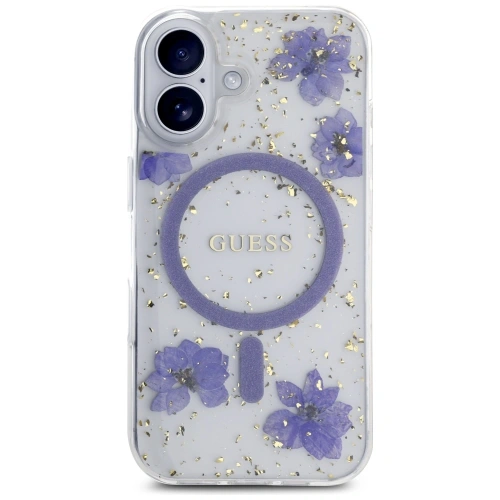 Etui Guess Resin Flowers Glitter MagSafe do Apple iPhone 16 fioletowy