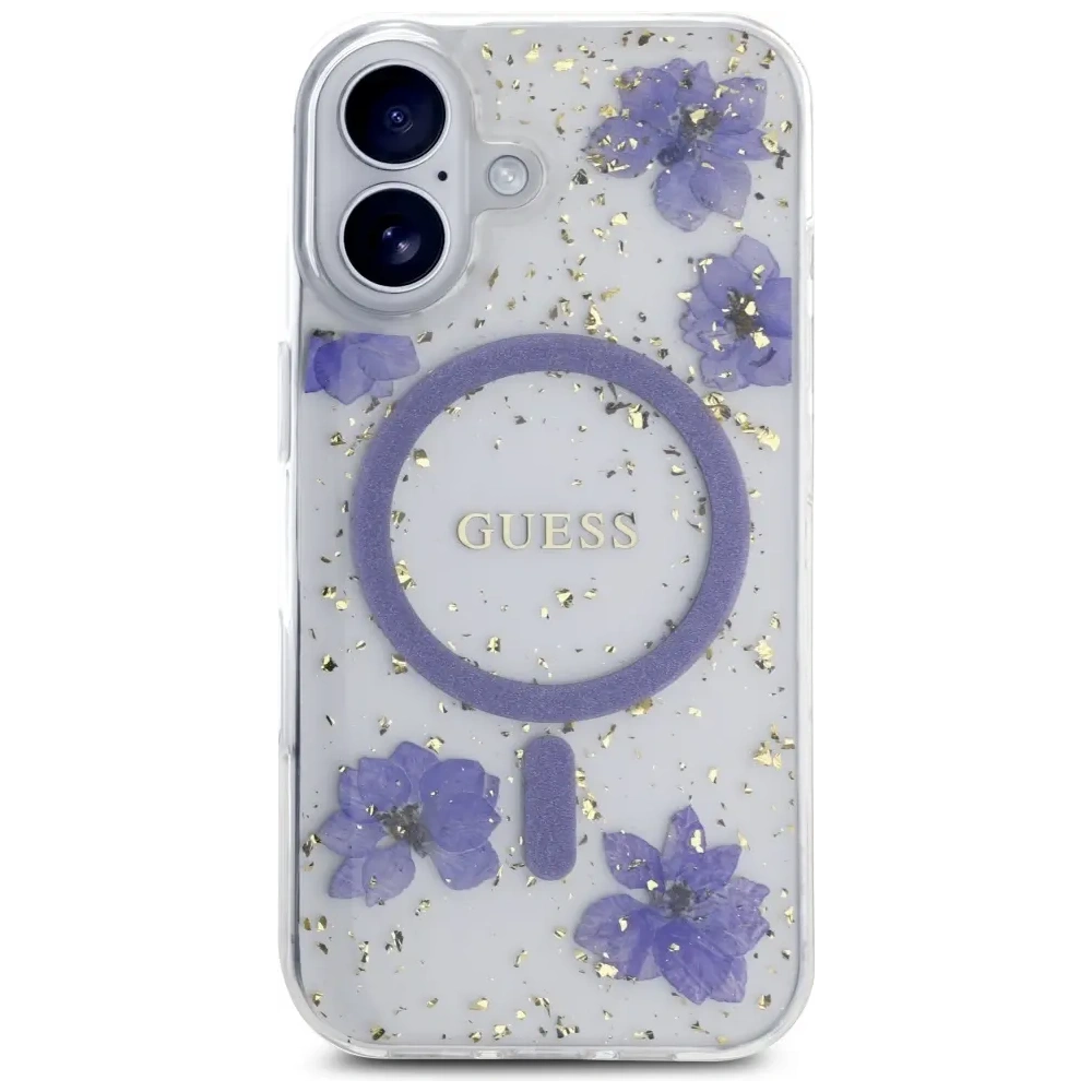 Hurtownia GSM - Etui Guess Resin Flowers Glitter MagSafe pro Apple iPhone 16 fialové - GUE4495 - {ean13} - Hurt