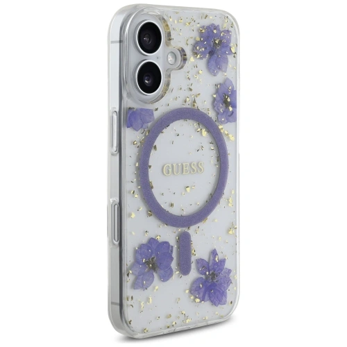 Etui Guess Resin Flowers Glitter MagSafe do Apple iPhone 16 fioletowy