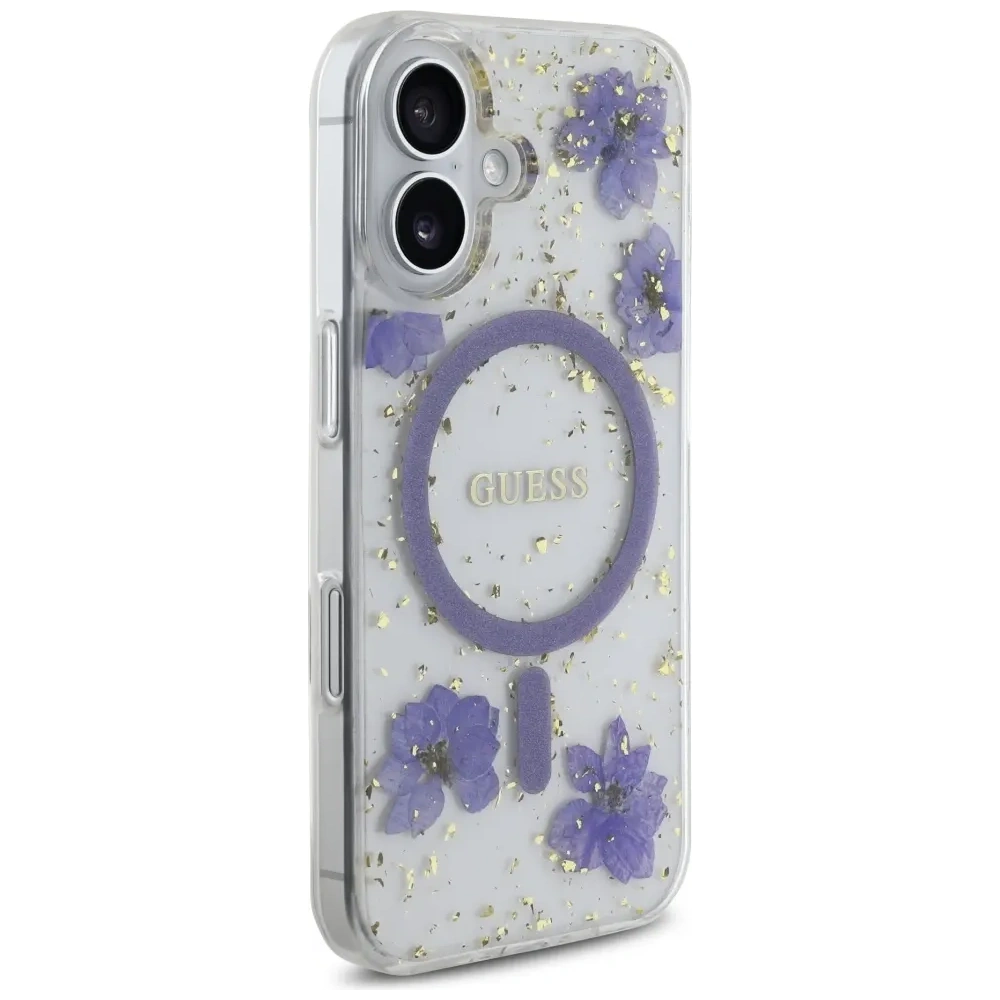 Hurtownia GSM - Etui Guess Resin Flowers Glitter MagSafe pro Apple iPhone 16 fialové - GUE4495 - {ean13} - Hurt