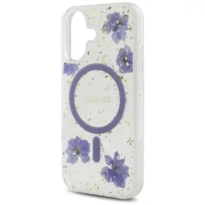 Wholesale Case Guess Resin Flowers Glitter MagSafe for Apple iPhone 16 purple - GUE4495 - {ean13} - Hurt