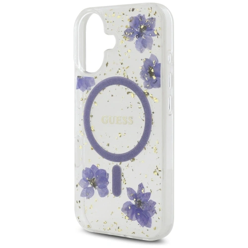 Etui Guess Resin Flowers Glitter MagSafe do Apple iPhone 16 fioletowy