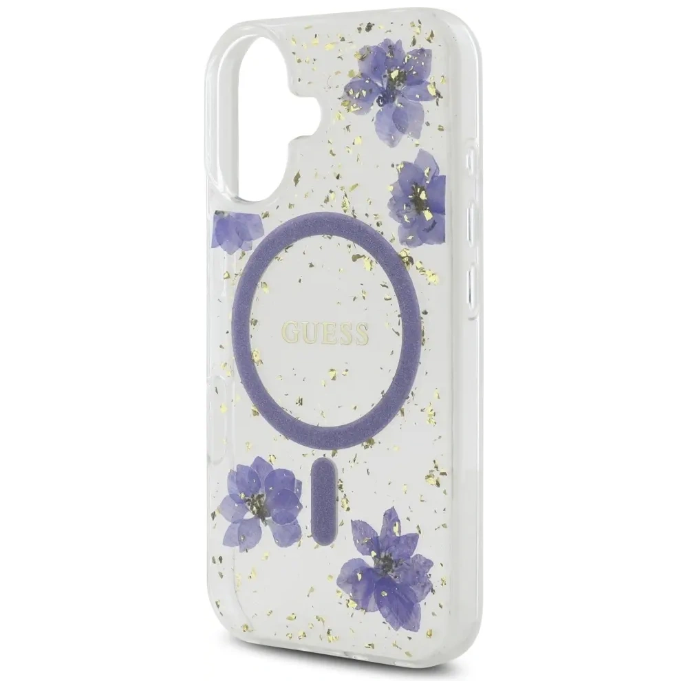 Hurtownia GSM - Etui Guess Resin Flowers Glitter MagSafe pro Apple iPhone 16 fialové - GUE4495 - {ean13} - Hurt