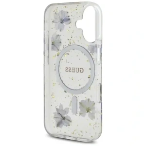 Wholesale Case Guess Resin Flowers Glitter MagSafe for Apple iPhone 16 purple - GUE4495 - {ean13} - Hurt