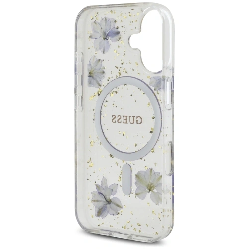 Etui Guess Resin Flowers Glitter MagSafe do Apple iPhone 16 fioletowy