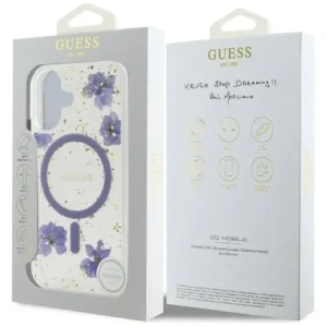 Wholesale Case Guess Resin Flowers Glitter MagSafe for Apple iPhone 16 purple - GUE4495 - {ean13} - Hurt
