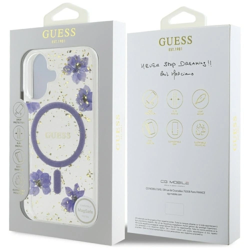 Etui Guess Resin Flowers Glitter MagSafe do Apple iPhone 16 fioletowy
