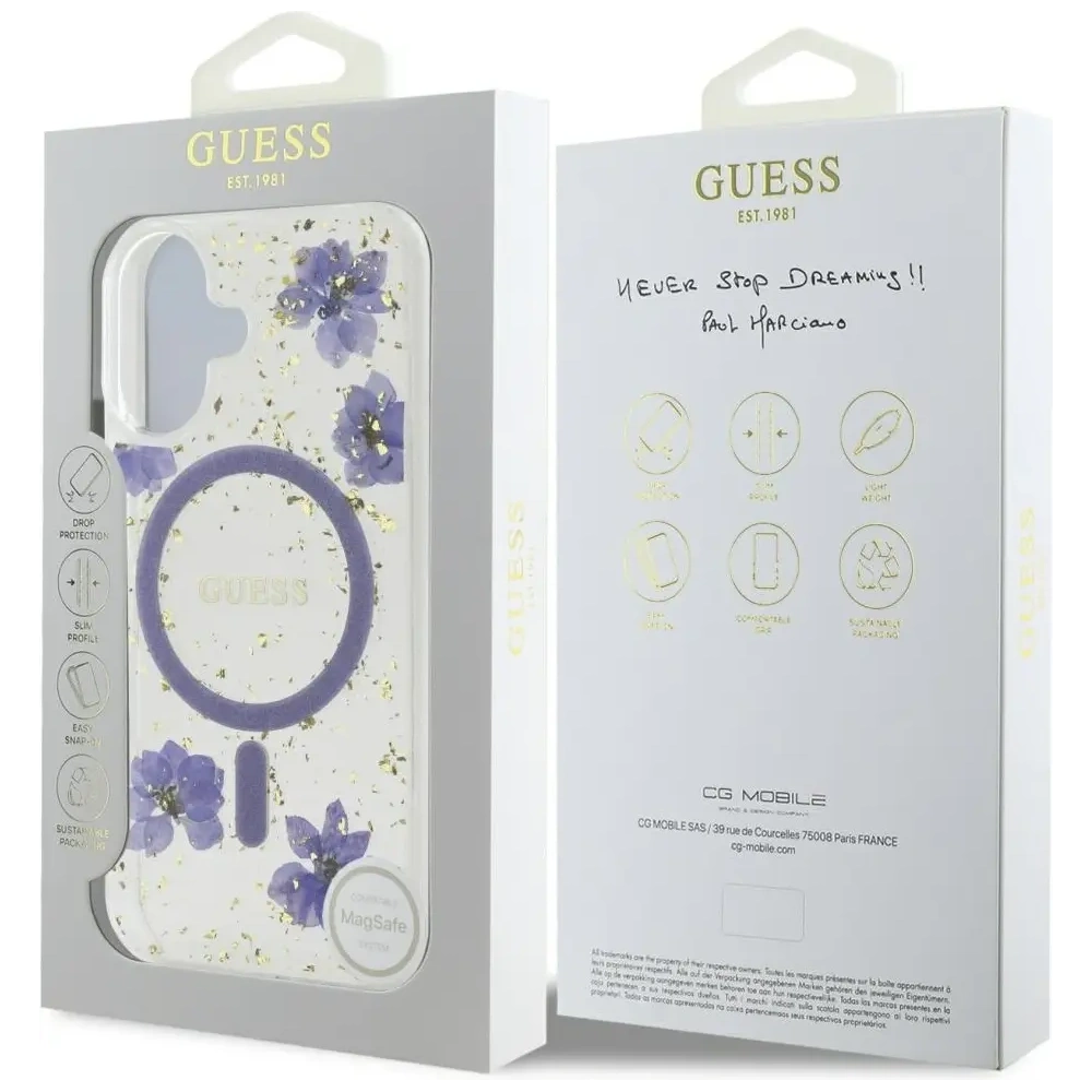 Hurtownia GSM - Etui Guess Resin Flowers Glitter MagSafe pro Apple iPhone 16 fialové - GUE4495 - {ean13} - Hurt