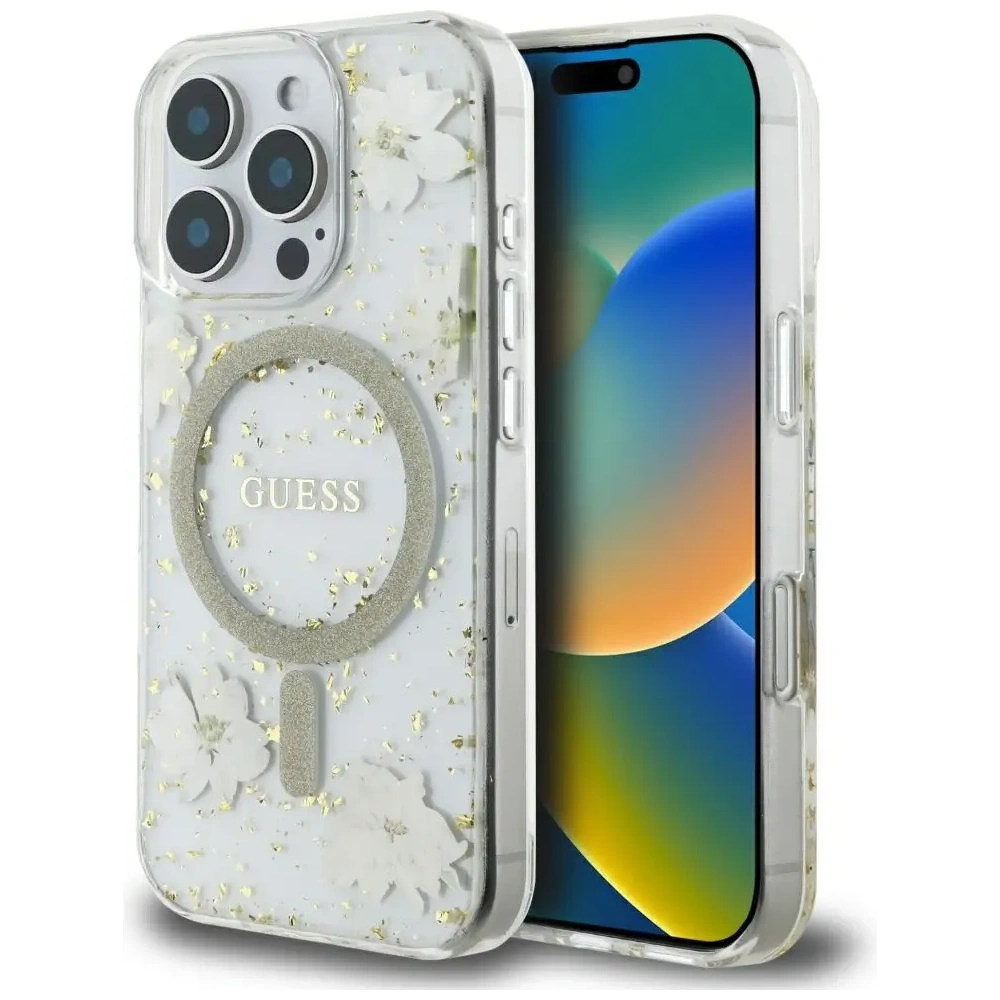 Hurtownia GSM - Etui Guess Resin Flowers Glitter MagSafe pro Apple iPhone 16 Pro béžová - GUE4496 - {ean13} - Hurt