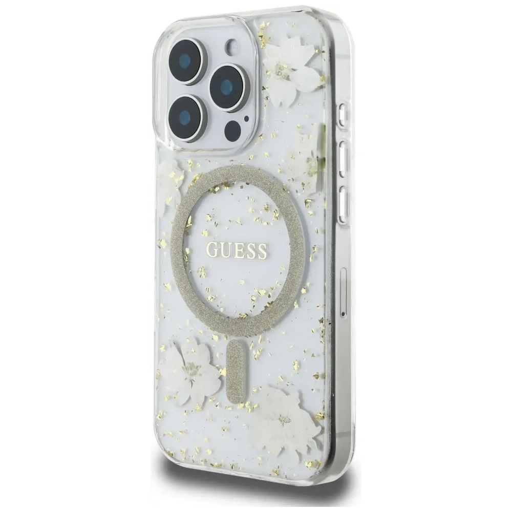 Hurtownia GSM - Etui Guess Resin Flowers Glitter MagSafe pro Apple iPhone 16 Pro béžová - GUE4496 - {ean13} - Hurt