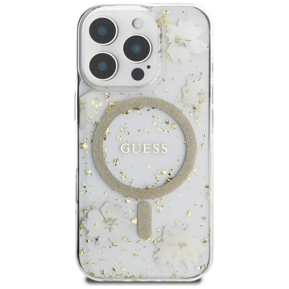Hurtownia GSM - Etui Guess Resin Flowers Glitter MagSafe pro Apple iPhone 16 Pro béžová - GUE4496 - {ean13} - Hurt