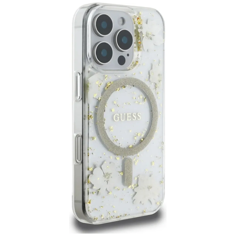 Hurtownia GSM - Etui Guess Resin Flowers Glitter MagSafe pro Apple iPhone 16 Pro béžová - GUE4496 - {ean13} - Hurt