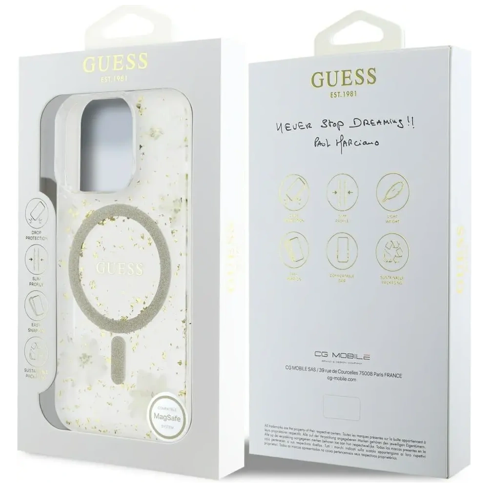 Hurtownia GSM - Etui Guess gyanta virágok csillám MagSafe Apple iPhone 16 Pro-hoz bézs színben - GUE4496 - {ean13} - Hurt