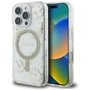 Wholesale Case Guess Resin Flowers Glitter MagSafe for Apple iPhone 16 Pro Max beige - GUE4497 - {ean13} - Hurt