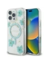 Etui Guess Resin Flowers Glitter MagSafe pro Apple iPhone 16 Pro Max tyrkysový