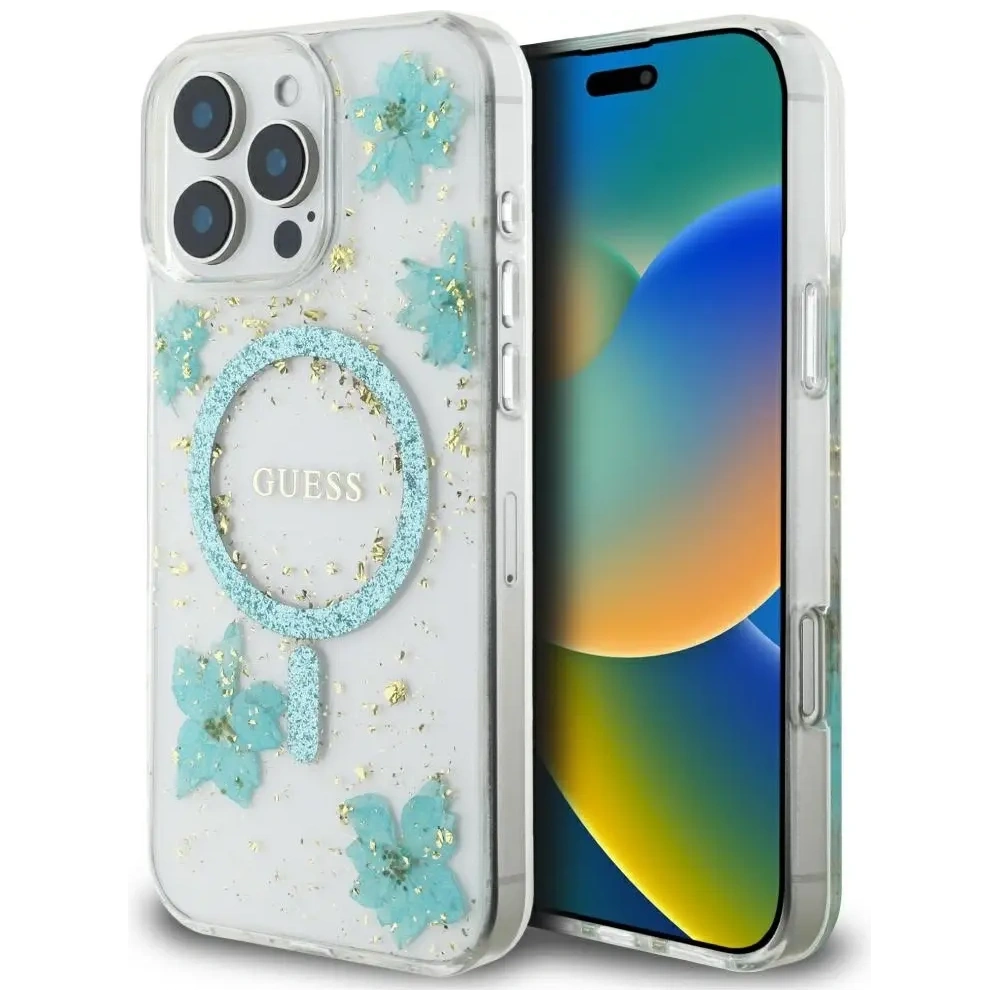 Wholesale Case Guess Resin Flowers Glitter MagSafe for Apple iPhone 16 Pro Max turquoise - GUE4498 - {ean13} - Hurt