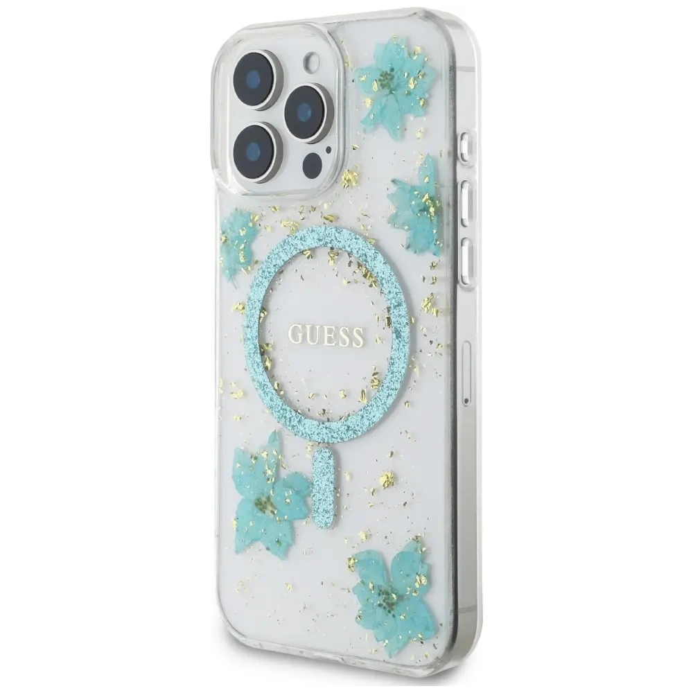 Wholesale Case Guess Resin Flowers Glitter MagSafe for Apple iPhone 16 Pro Max turquoise - GUE4498 - {ean13} - Hurt