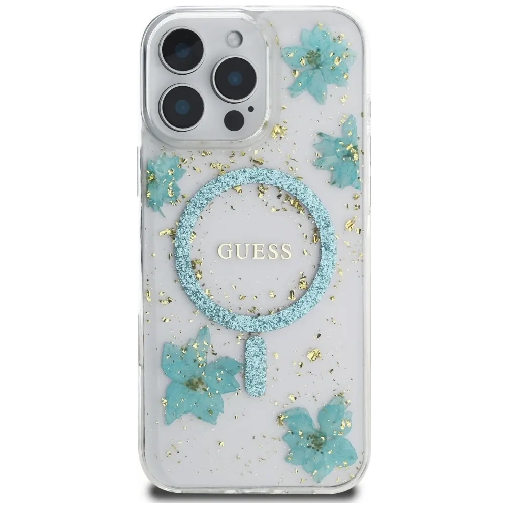 Wholesale Case Guess Resin Flowers Glitter MagSafe for Apple iPhone 16 Pro Max turquoise - GUE4498 - {ean13} - Hurt