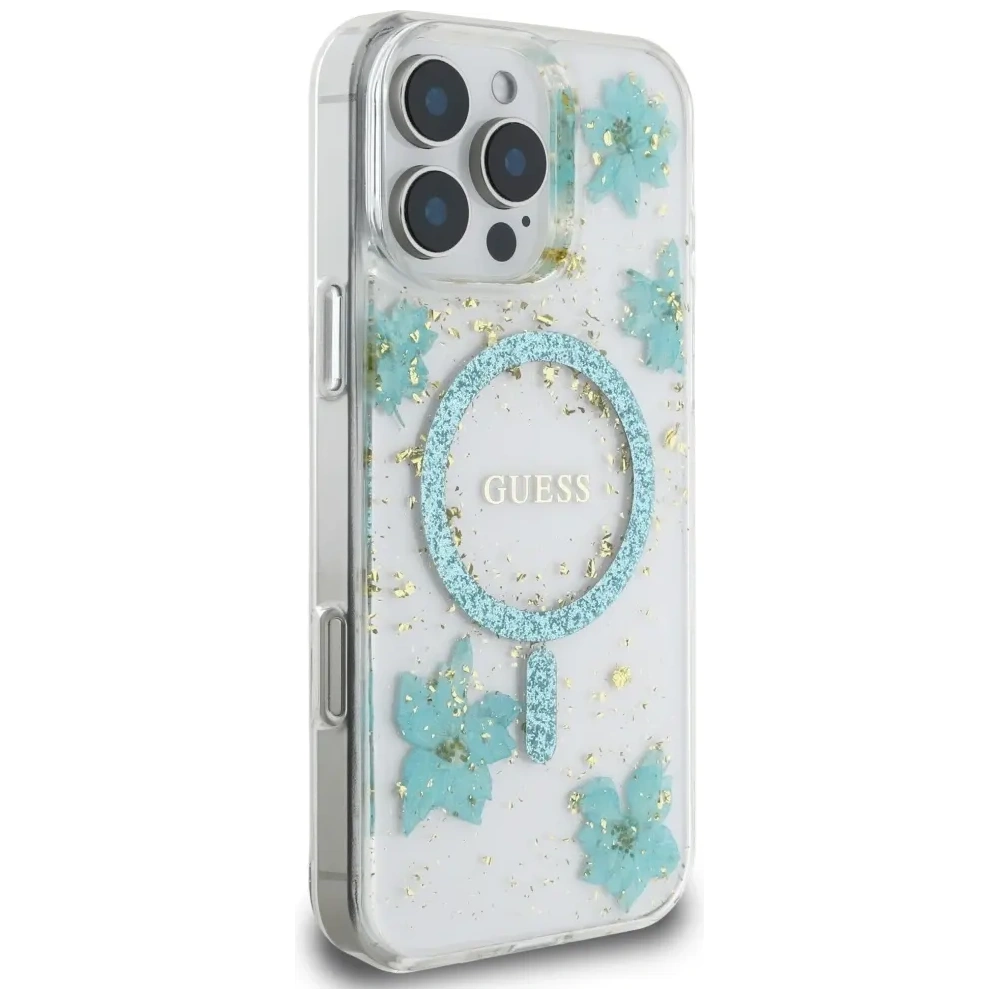 Wholesale Case Guess Resin Flowers Glitter MagSafe for Apple iPhone 16 Pro Max turquoise - GUE4498 - {ean13} - Hurt
